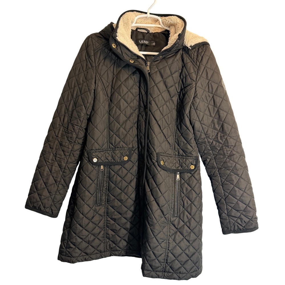 Lauren Ralph Lauren Black Quilted Faux Shearling Lined Hooded Walker Coat Large